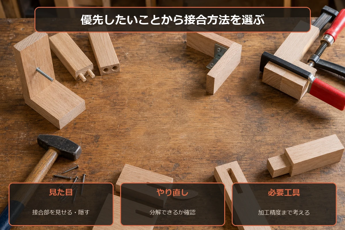 見た目、分解できるか、必要工具の三つから木材の接合方法を選ぶ図解
