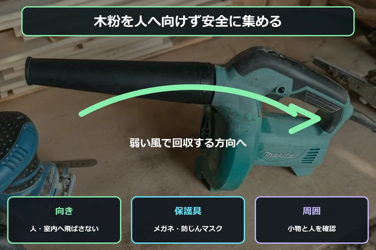 ブロワで木粉を飛ばす方向と保護具を示す安全図解