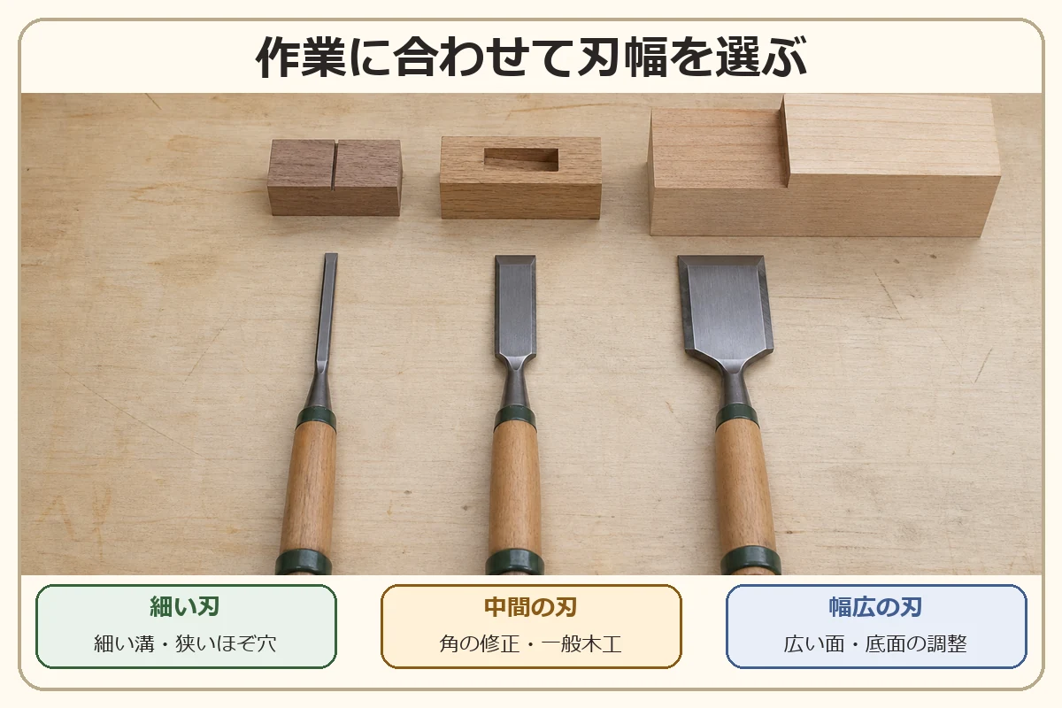 細い刃・中間の刃・幅広の刃を加工場所で使い分ける図解