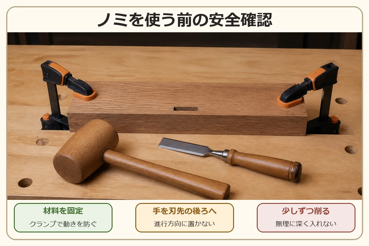 木材をクランプで固定し、ノミを使う前に確認する安全ポイントの図解
