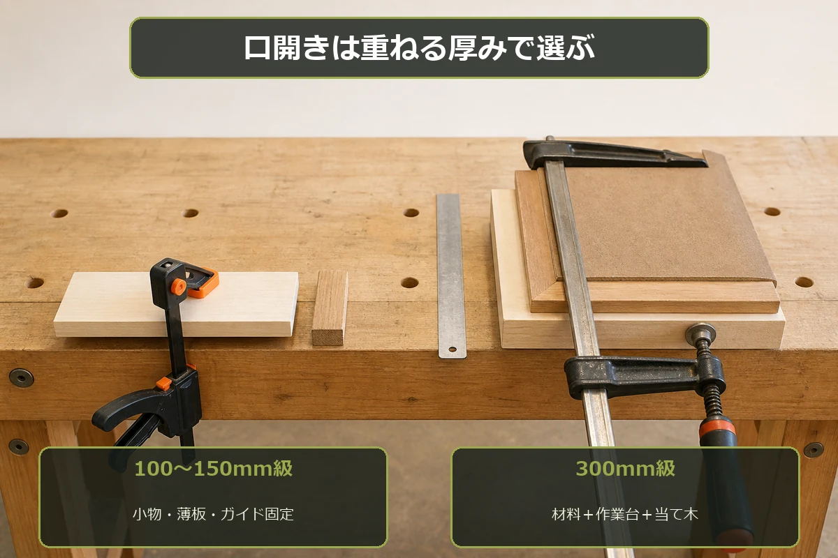 材料と当て木の合計厚みから木工用クランプの口開きを選ぶ図