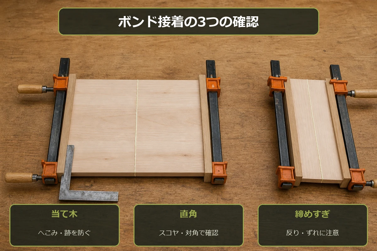 木工用クランプでボンド接着するときの当て木、直角、締めすぎ確認を示す図