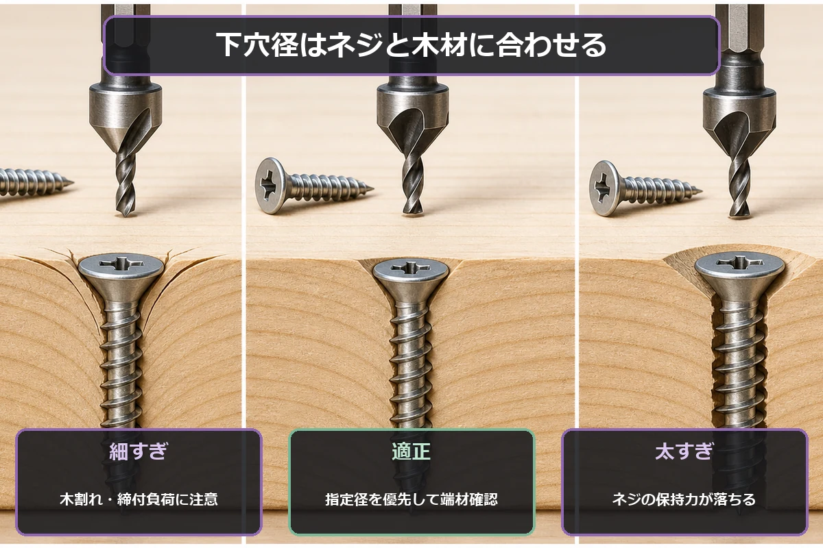 木ねじの下穴径が細すぎる・適正・太すぎる場合を比べた図解