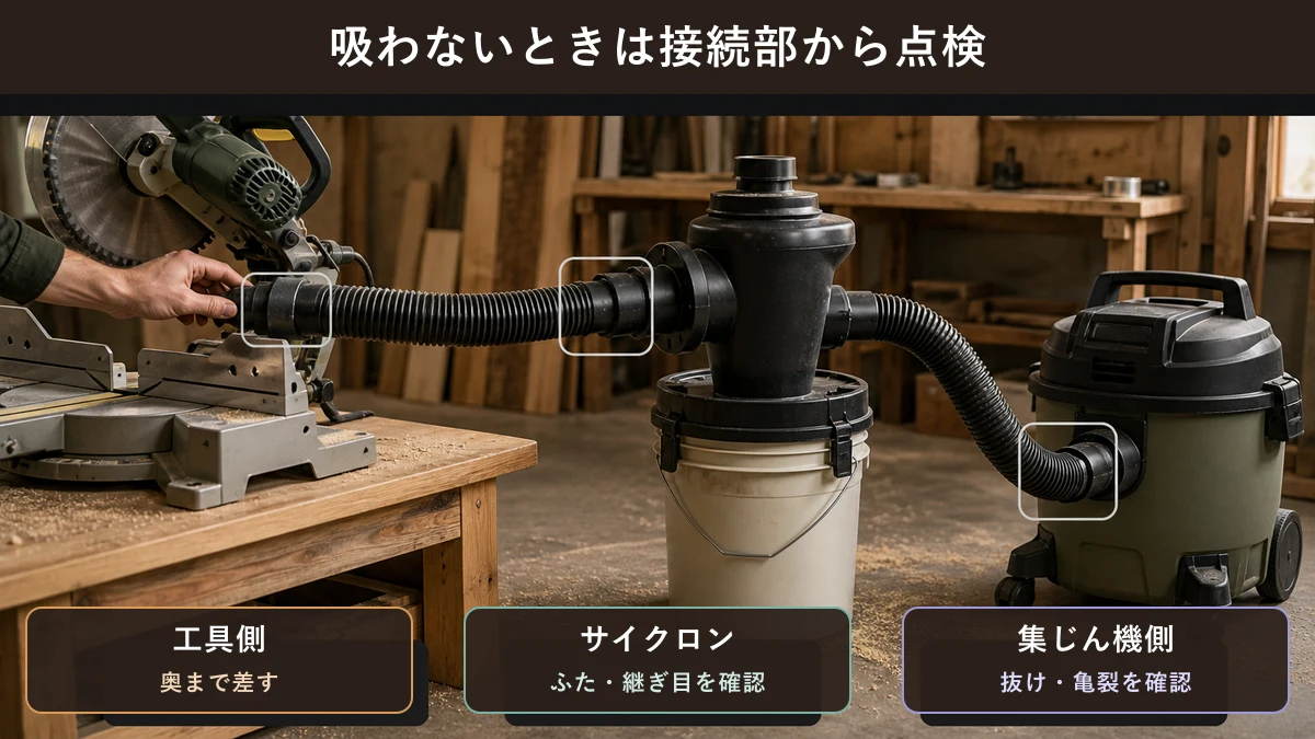 工具側、サイクロン、集じん機側の接続部を順に点検する図解