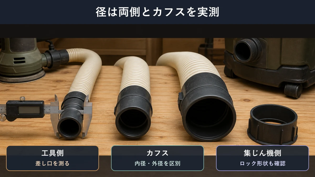 工具側、カフス、集じん機側を並べ、内径・外径・ロック形状を確認する図解