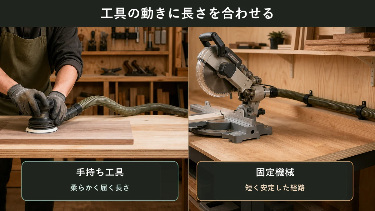 手持ちサンダーには柔らかく届くホース、固定式丸ノコには短く安定した配管を示す図解