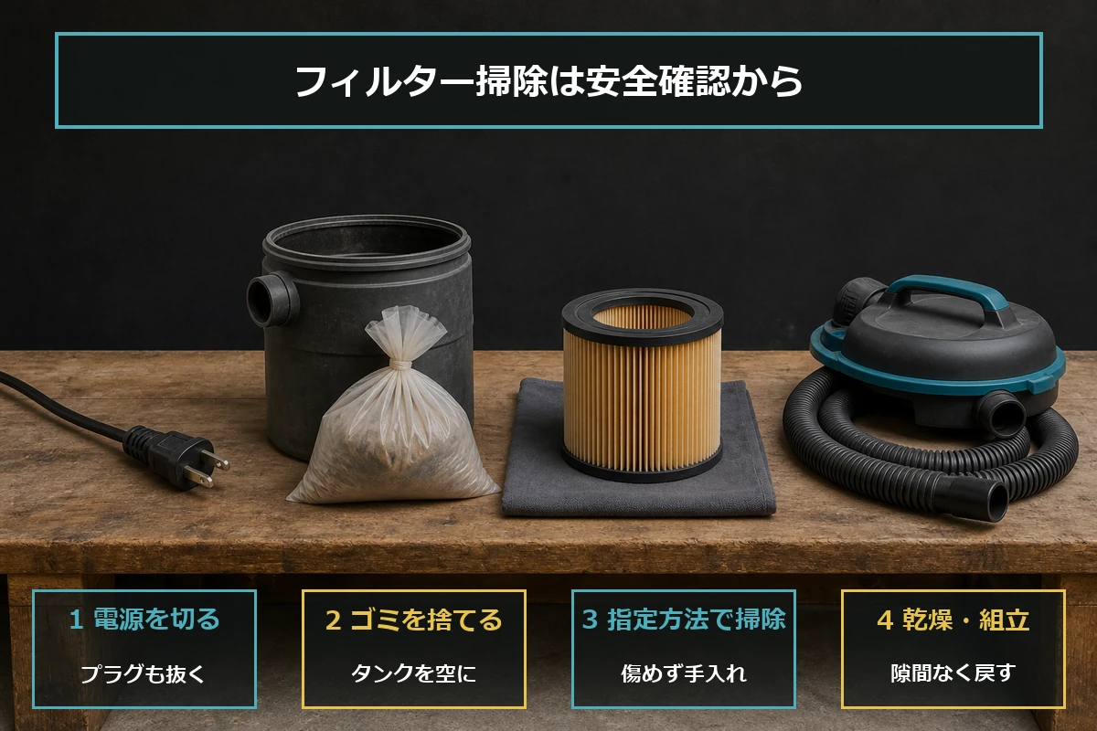 集じん機の電源を切り、ゴミ捨て、指定方法でのフィルター掃除、乾燥と組み立てを行う手順図