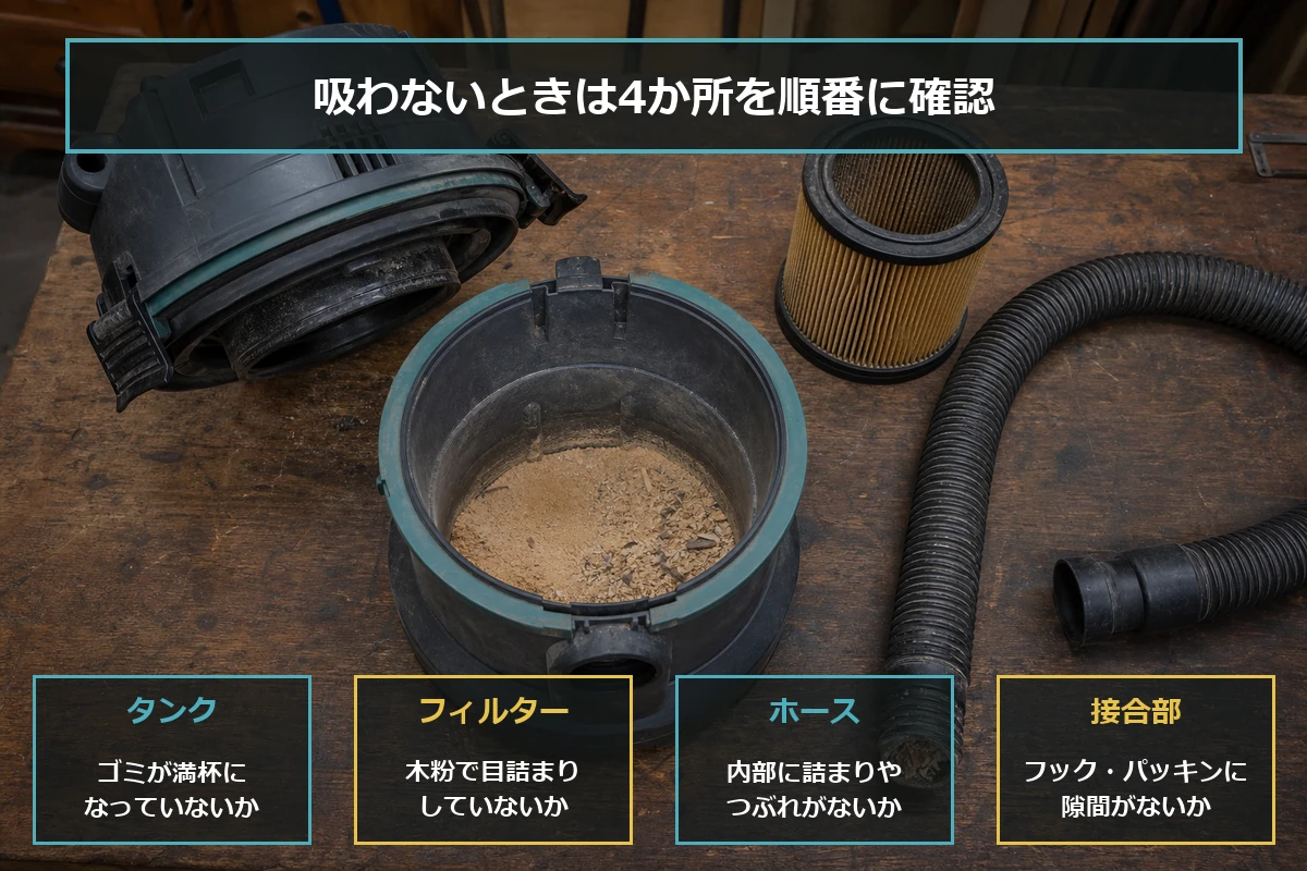 集じん機が吸わないときにタンク・フィルター・ホース・接合部を順番に確認する図解