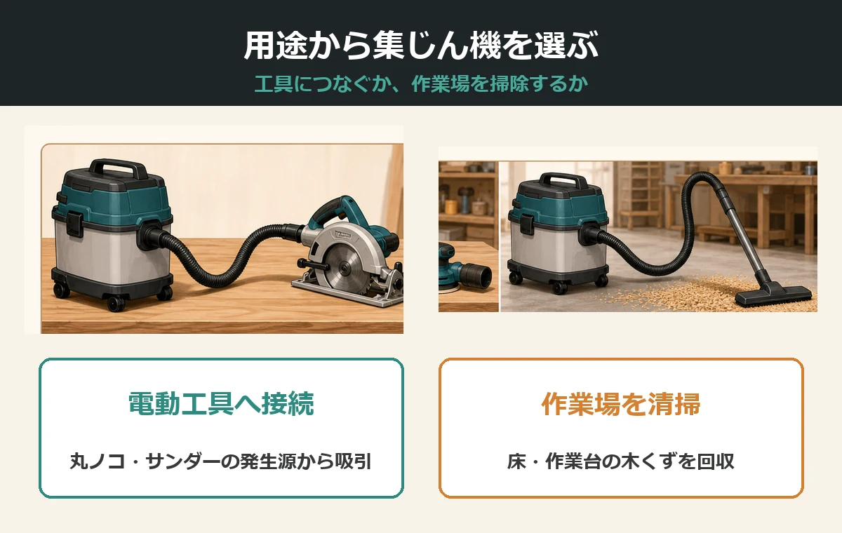 木工用集じん機を丸ノコ・サンダーへの接続と作業場清掃に分けた図解