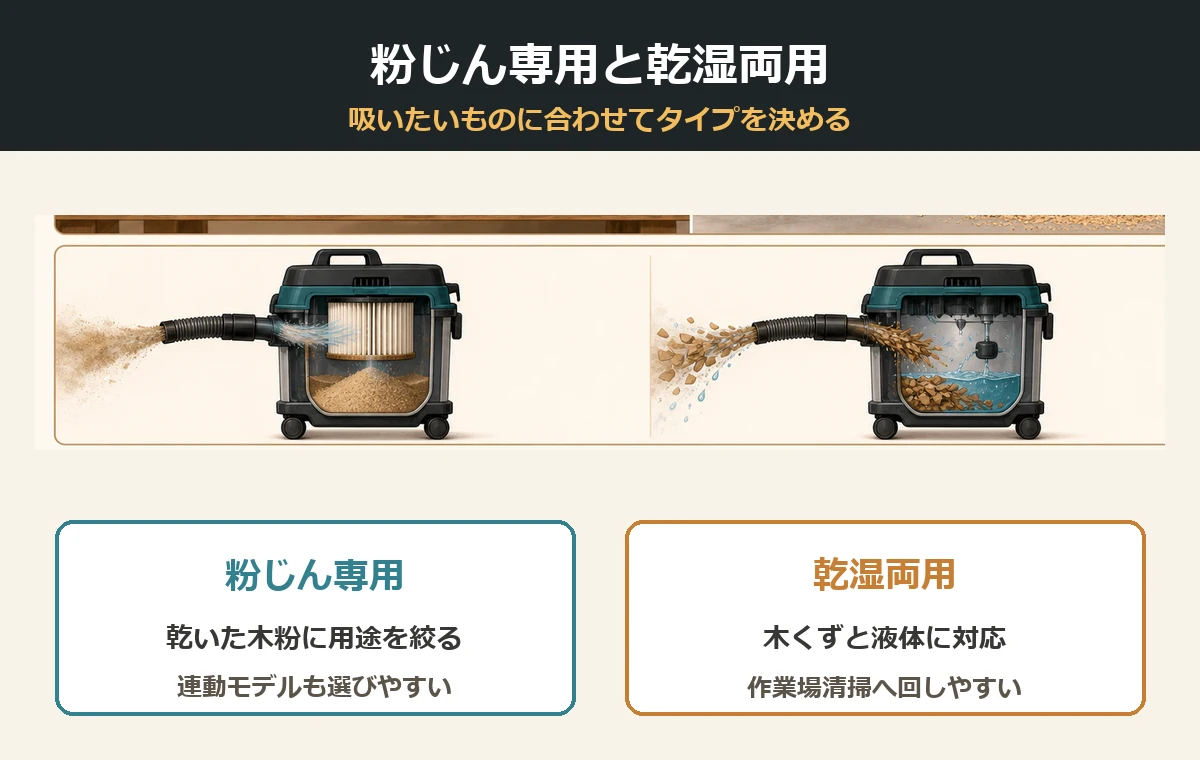 粉じん専用と乾湿両用の違いを示した図解