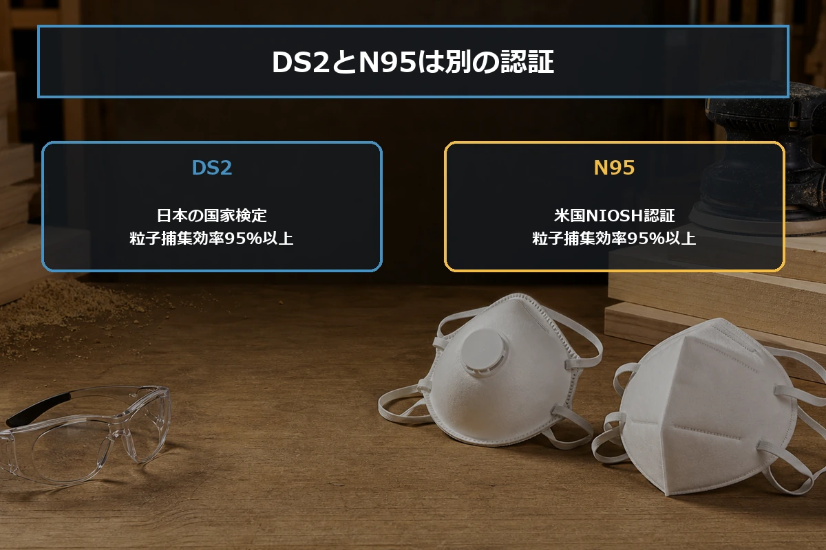 DS2は日本の国家検定、N95は米国NIOSH認証であり、どちらも95%以上の粒子捕集効率を求める別の規格であることを示した図解