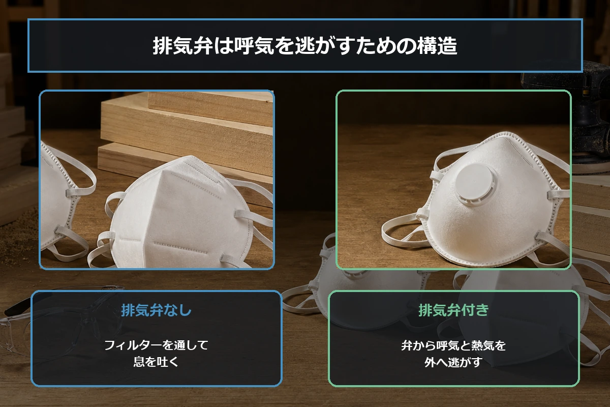 排気弁なしはフィルターを通して呼気を出し、排気弁付きは弁から呼気と熱気を逃がす違いを示した図解