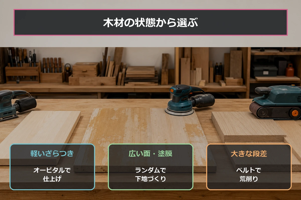 木材の表面状態と作業内容から電動サンダーを選ぶ流れを示した図解
