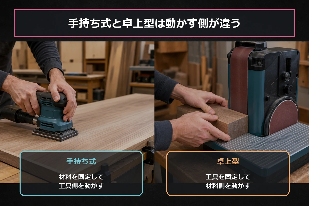 手持ち式サンダーと卓上サンダーで動かす側の違いを示した図解
