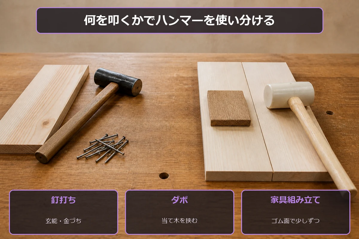 釘打ちには玄能、部材を傷つけずに収める作業には当て木またはゴムハンマーを使い分ける図