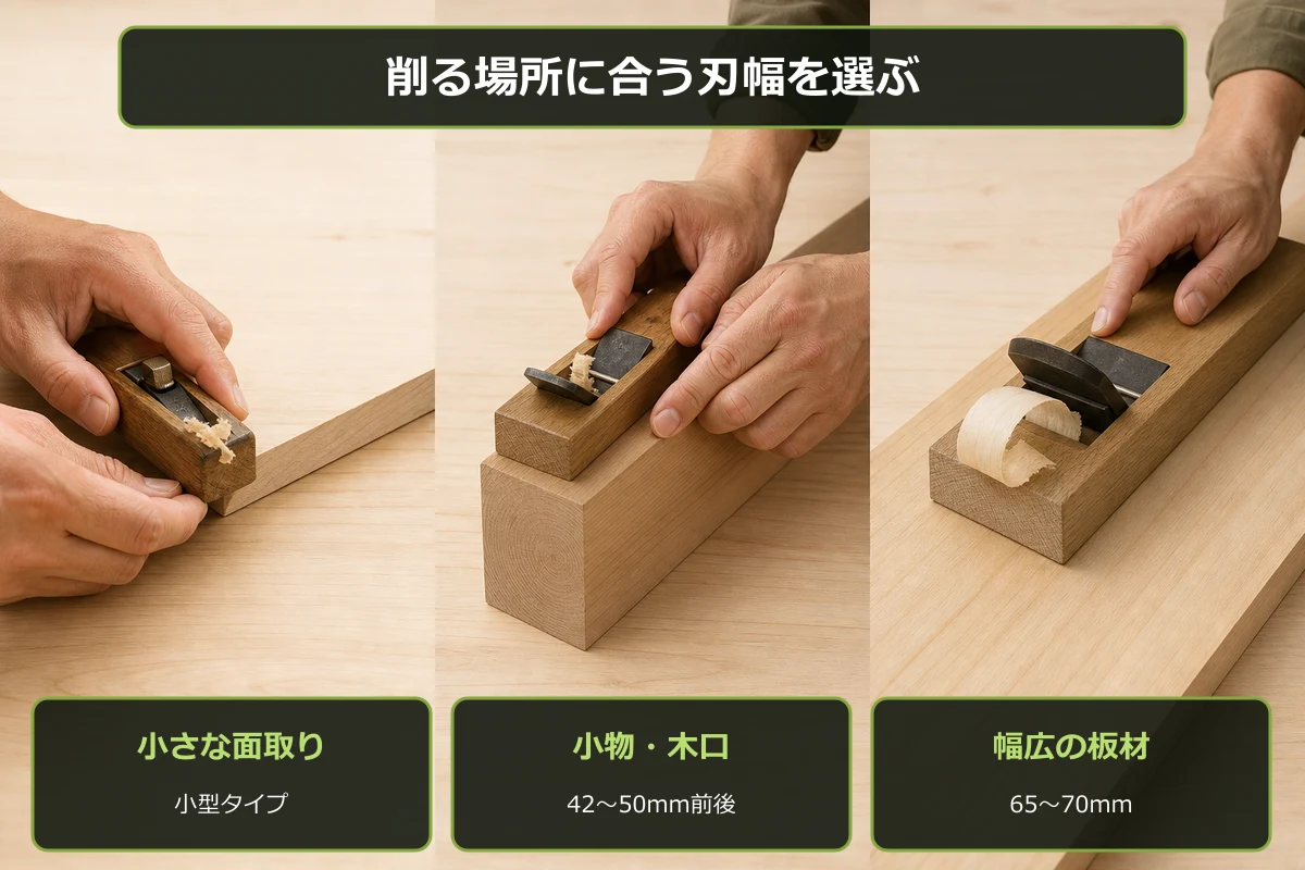 面取り・小物の調整・板材の表面で木工用かんなを選び分ける図解