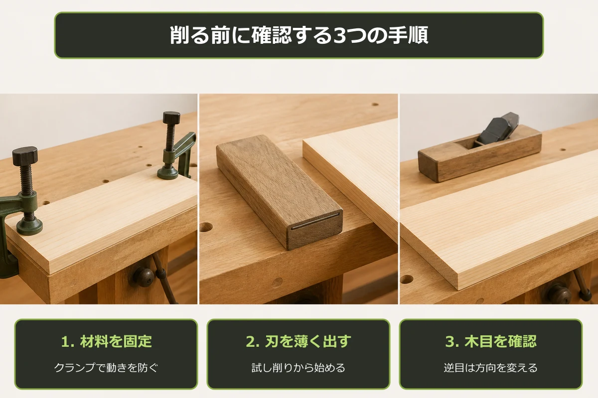 木材を固定して木目に沿って薄く削る木工用かんなの安全手順を示した図解
