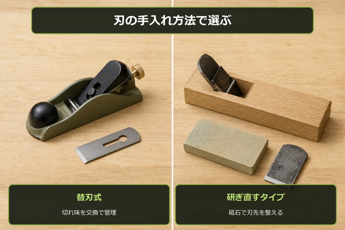 替刃式かんなと研ぎ直して使うかんなの違いを比較した図解
