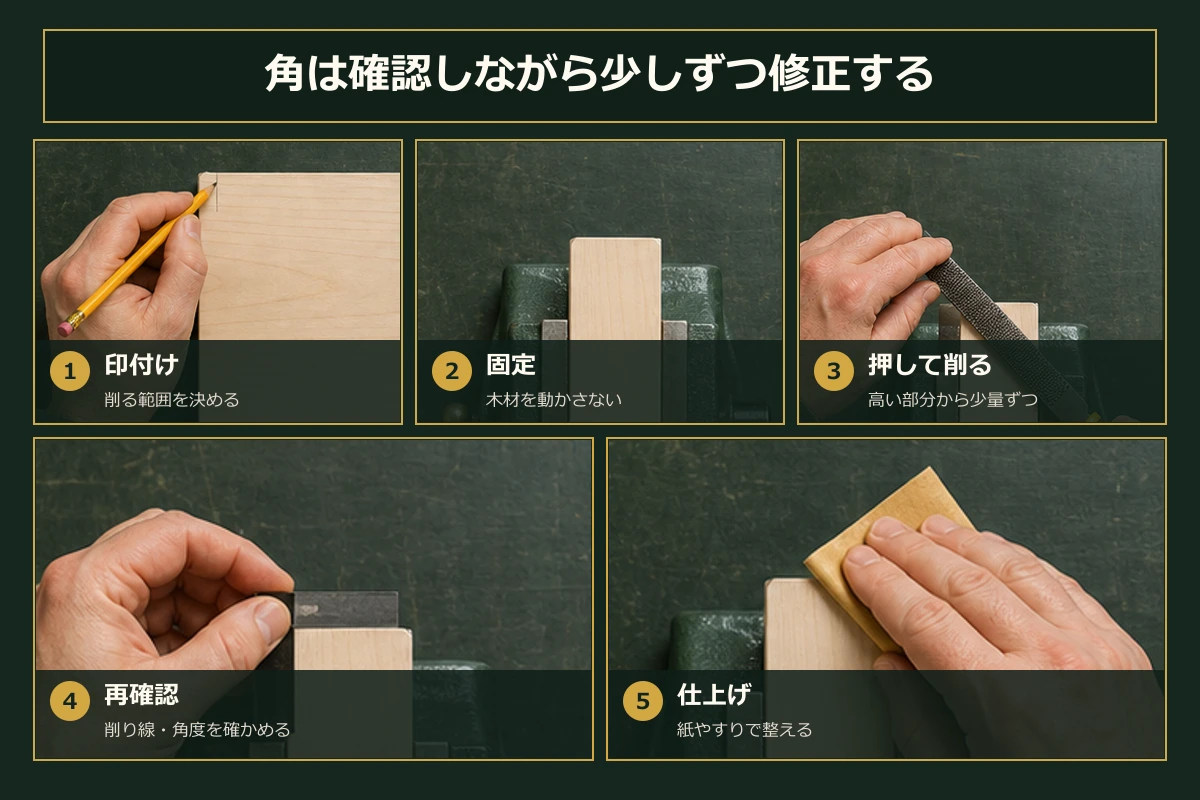 木材の角へ印を付け、固定し、やすりで少しずつ削って削り線と角度を確認する手順の図解