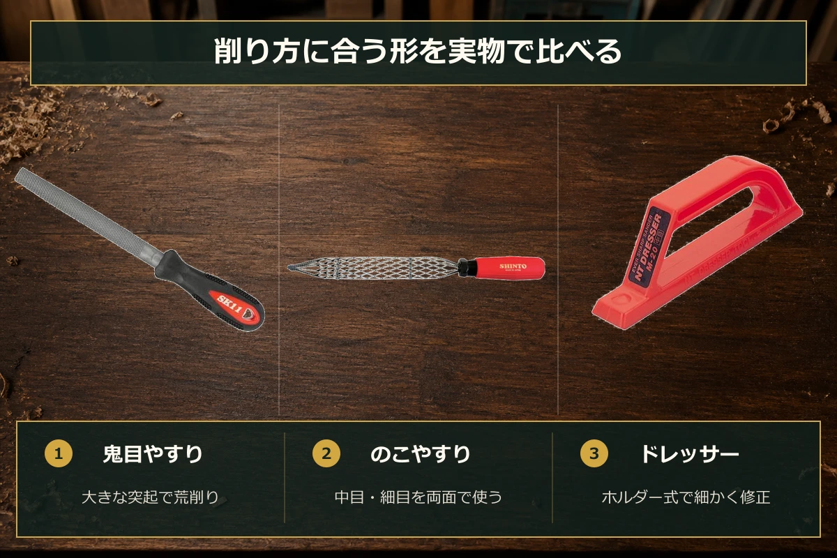 実在する鬼目やすり、のこやすり、ドレッサーの形状と向く工程を比較した図解