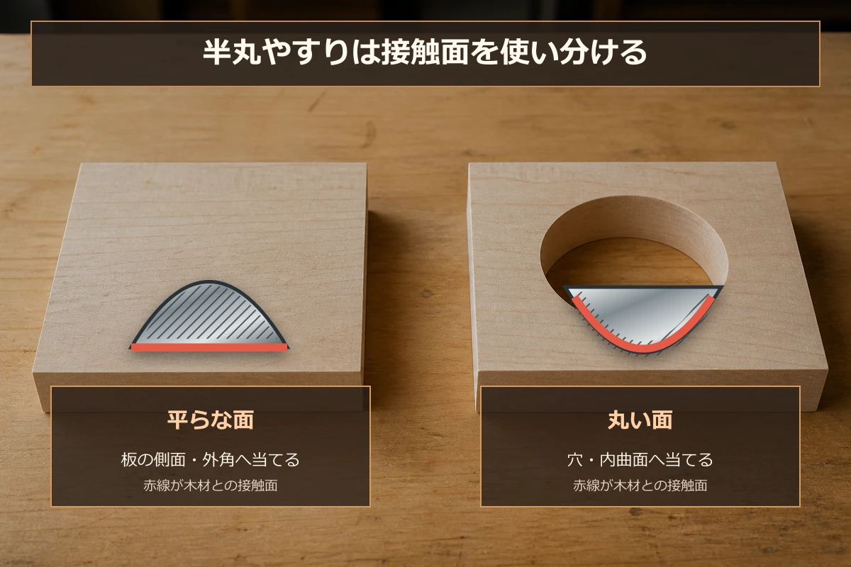 半丸やすりの平らな面と丸い面が木材へ接触する位置を比較した断面図