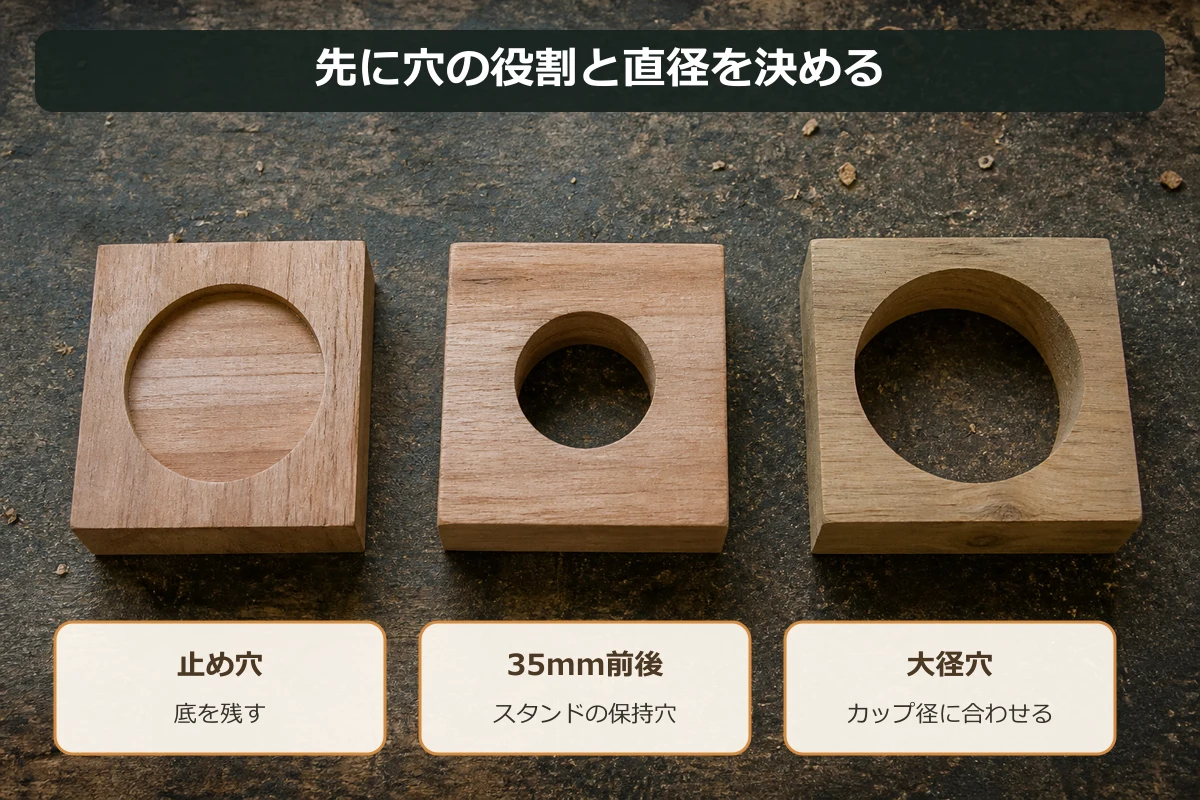 止め穴・35mm前後の保持穴・カップホルダー用大径穴から工具を選ぶ図解