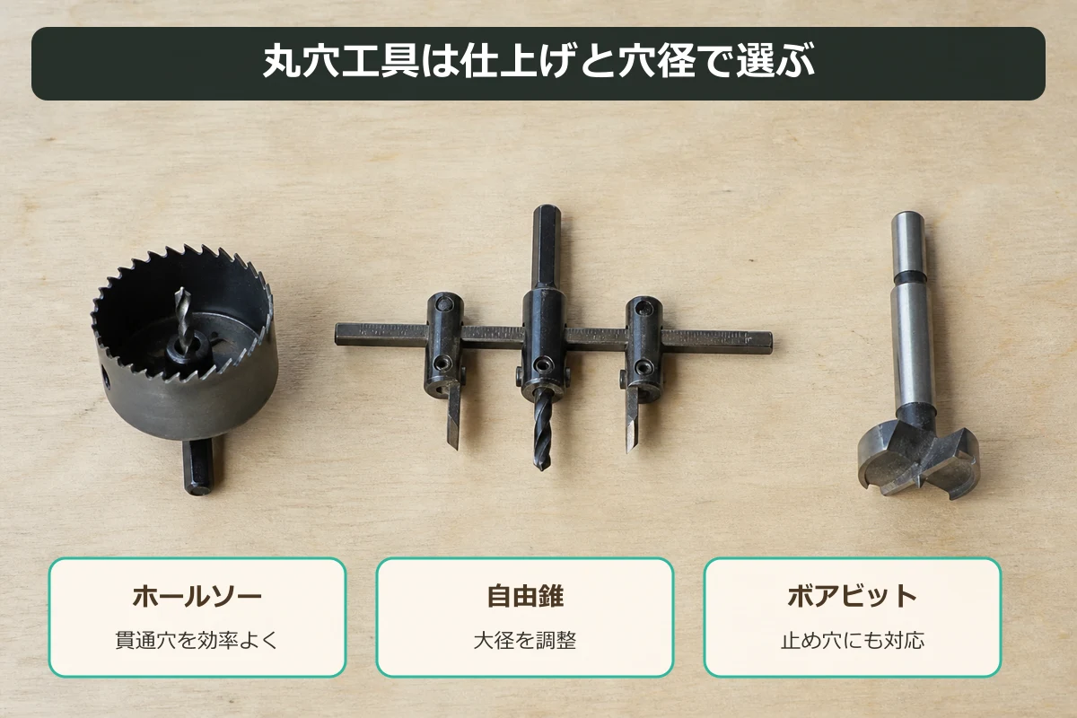 ホールソー・自由錐・ボアビットの得意な穴を比較する図解