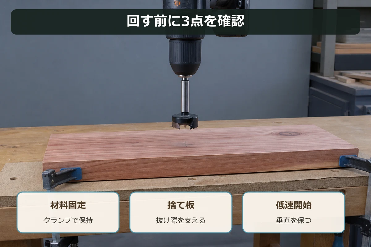 木材をクランプで固定し、捨て板を敷いて低速から丸穴をあける準備を示す図解