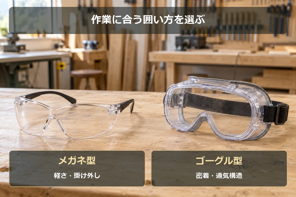 メガネ型は軽さと掛け外し、ゴーグル型は密着性と通気構造を確認する比較図解