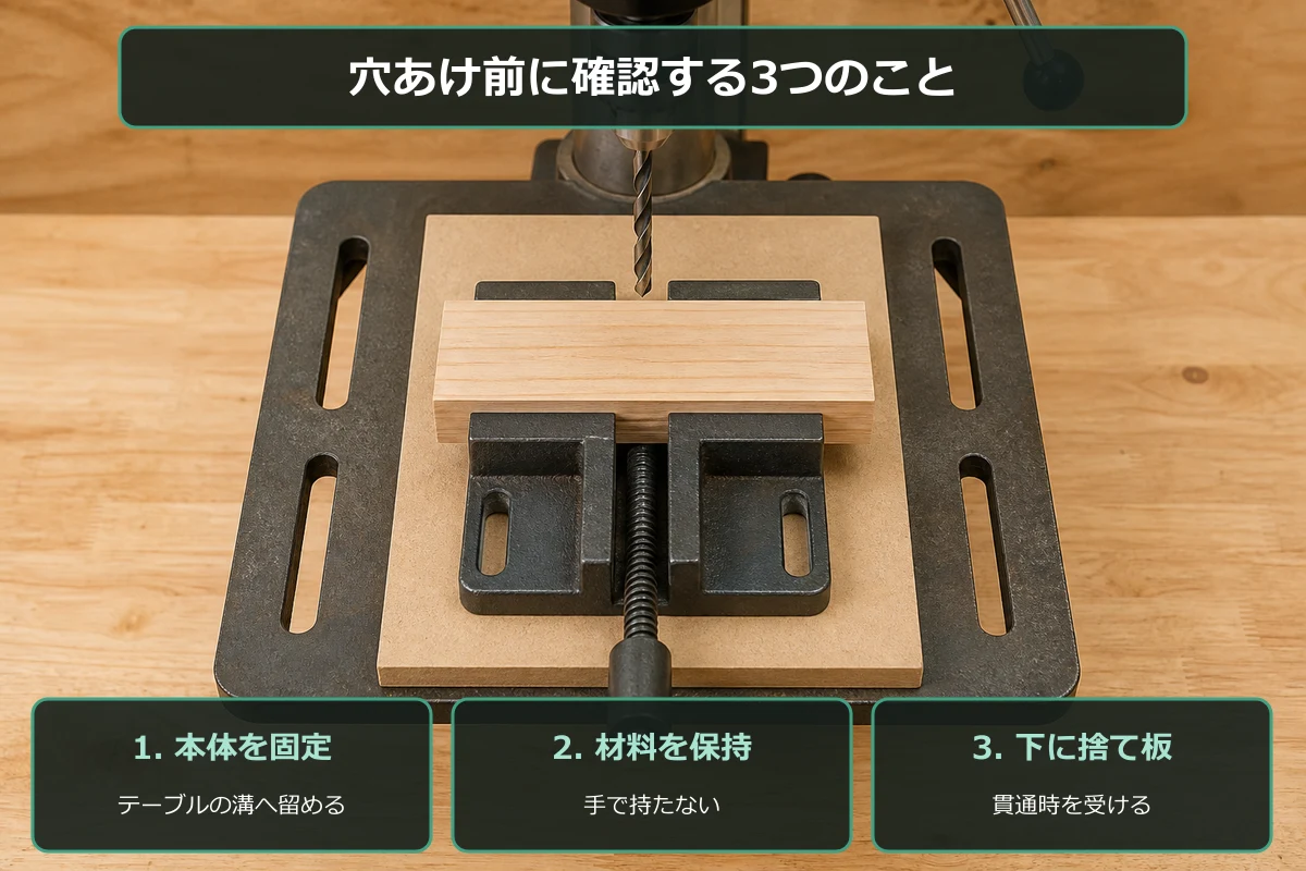 ボール盤テーブルへバイスを固定し、木材と捨て板をセットして穴あけ前の準備をする図解
