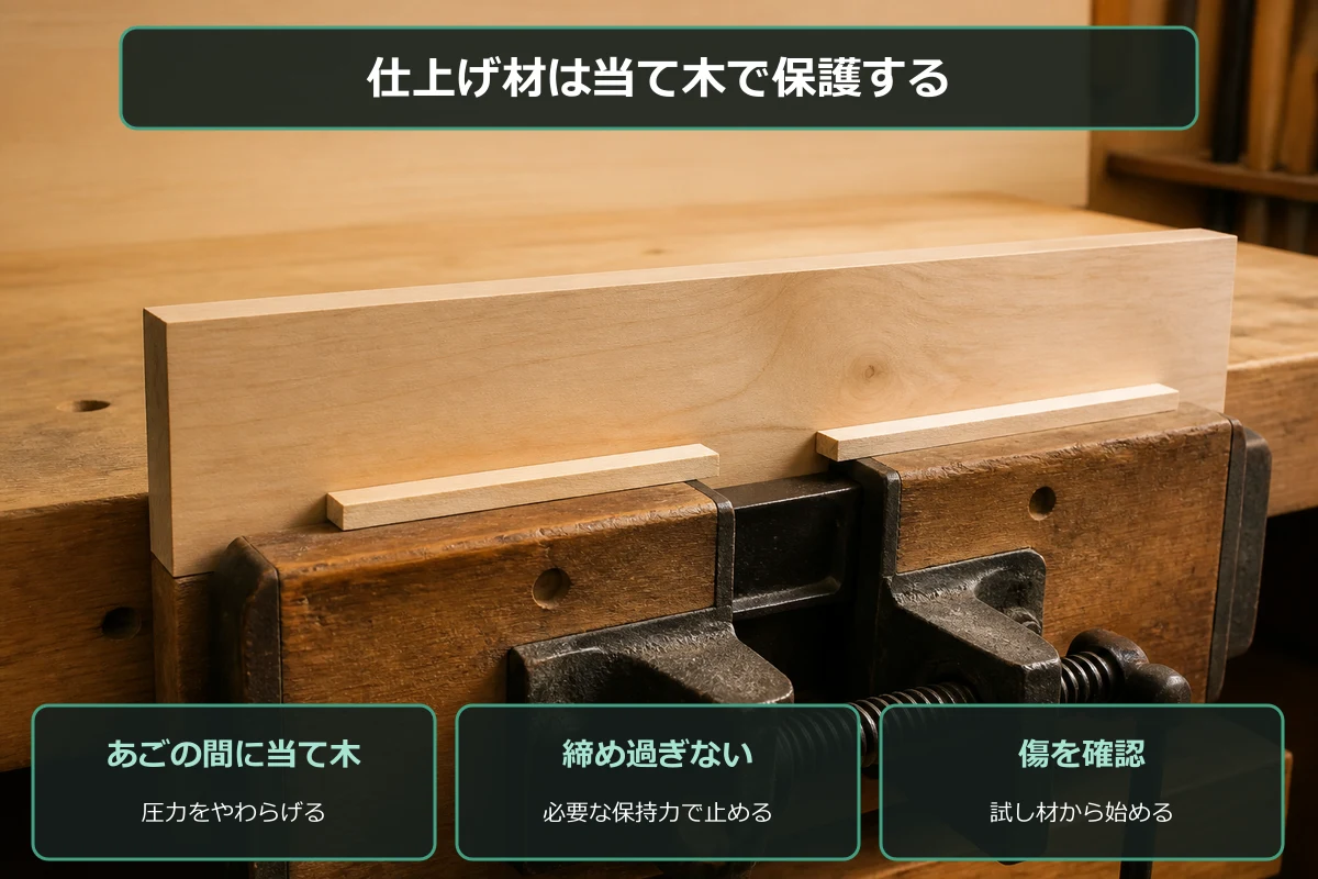 木工用バイスのあごと木材の間に薄い当て木を入れて保護する図解