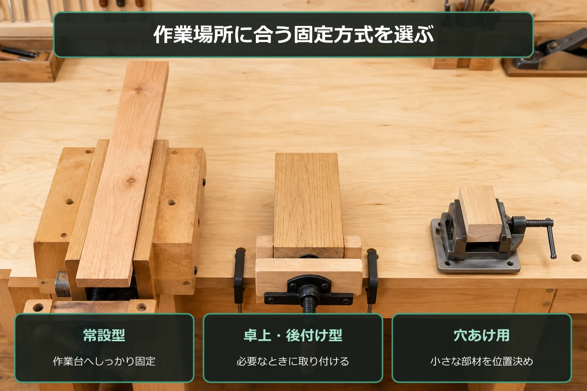 常設型、卓上後付け型、穴あけ用の木工用バイスを並べて比較した図解